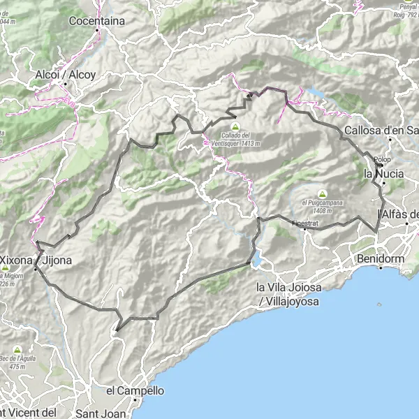 Miniatua del mapa de inspiración ciclista "Ruta en bicicleta de carretera desde Polop" en Comunitat Valenciana, Spain. Generado por Tarmacs.app planificador de rutas ciclistas