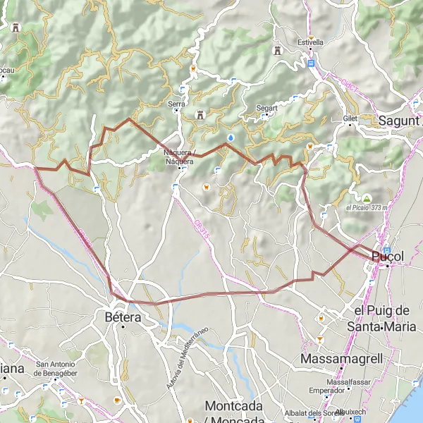 Miniatua del mapa de inspiración ciclista "Aventura en bicicleta de gravel desde Puçol" en Comunitat Valenciana, Spain. Generado por Tarmacs.app planificador de rutas ciclistas