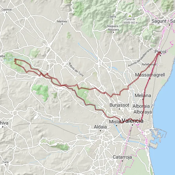 Miniatura della mappa di ispirazione al ciclismo "Avventura in mountain bike tra Puçol e Rafelbunyol" nella regione di Comunitat Valenciana, Spain. Generata da Tarmacs.app, pianificatore di rotte ciclistiche