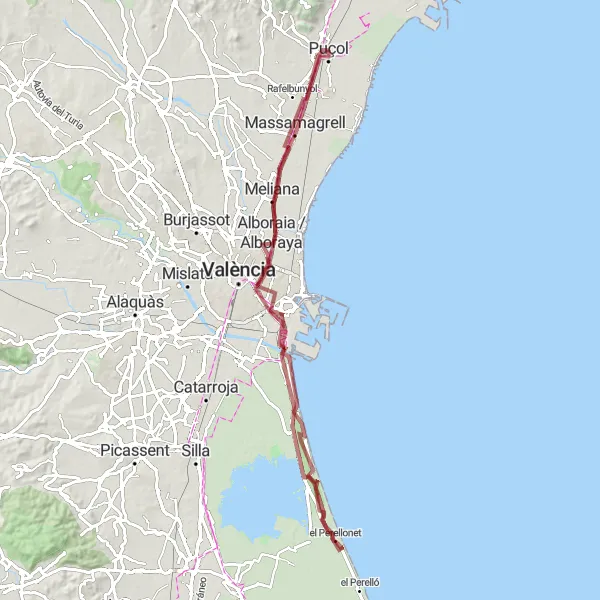 Miniatura della mappa di ispirazione al ciclismo "Cicloturismo gravel tra Puçol e Massamagrell" nella regione di Comunitat Valenciana, Spain. Generata da Tarmacs.app, pianificatore di rotte ciclistiche