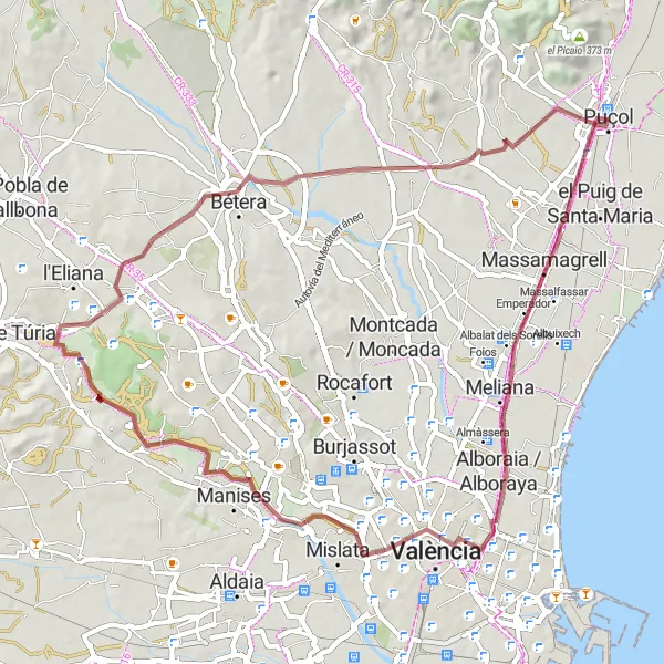 Miniature de la carte de l'inspiration cycliste "Les collines de Puçol" dans la Comunitat Valenciana, Spain. Générée par le planificateur d'itinéraire cycliste Tarmacs.app