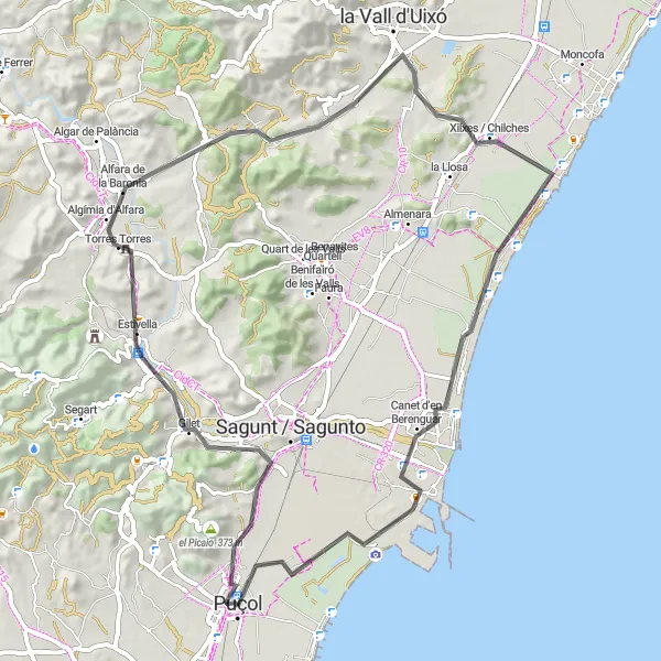 Miniatura della mappa di ispirazione al ciclismo "Avventura Ciclistica tra Puçol e Torre del Grau Vell" nella regione di Comunitat Valenciana, Spain. Generata da Tarmacs.app, pianificatore di rotte ciclistiche