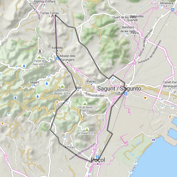 Miniatua del mapa de inspiración ciclista "Recorrido en bicicleta de carretera cerca de Puçol" en Comunitat Valenciana, Spain. Generado por Tarmacs.app planificador de rutas ciclistas