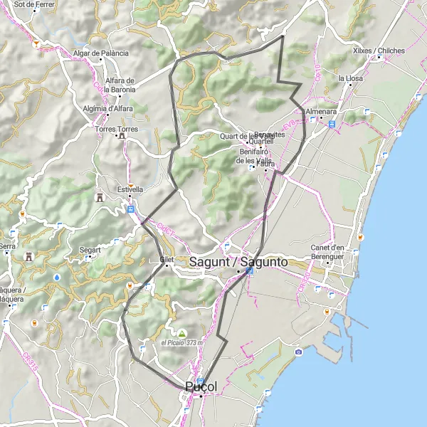 Miniatua del mapa de inspiración ciclista "Ruta de ciclismo de carretera cerca de Puçol" en Comunitat Valenciana, Spain. Generado por Tarmacs.app planificador de rutas ciclistas