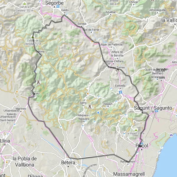 Miniatua del mapa de inspiración ciclista "Desafiante ruta de ciclismo de carretera en Puçol" en Comunitat Valenciana, Spain. Generado por Tarmacs.app planificador de rutas ciclistas