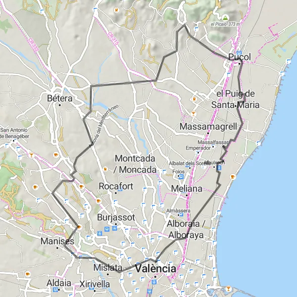 Miniatura mapy "Szlak rowerowy Puçol - Albuixech - Mislata - Torre de Paterna - El Baro - Alfinach - La Costera" - trasy rowerowej w Comunitat Valenciana, Spain. Wygenerowane przez planer tras rowerowych Tarmacs.app