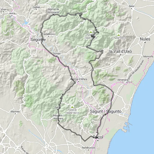 Miniatura mapy "Szlak rowerowy Puçol - el Pinar - Port de l'Oronet - Sot de Ferrer - Vall de Almonacid - Pascual - Alcudia de Veo - Puntal de l'Aljub - Coll del Marianet - Quart de les Valls - Castell de Sagunt" - trasy rowerowej w Comunitat Valenciana, Spain. Wygenerowane przez planer tras rowerowych Tarmacs.app
