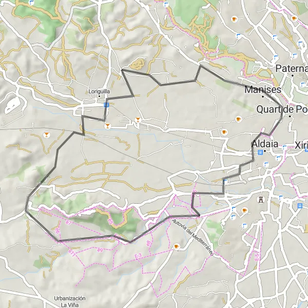 Miniatura della mappa di ispirazione al ciclismo "Percorso in bici tra Alaquàs e Manises" nella regione di Comunitat Valenciana, Spain. Generata da Tarmacs.app, pianificatore di rotte ciclistiche