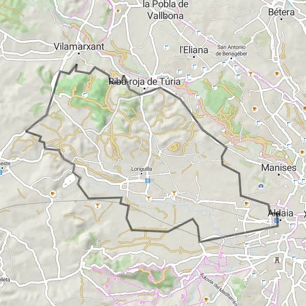 Miniatura della mappa di ispirazione al ciclismo "Itinerario in bici tra Alaquàs e Riba-roja de Túria" nella regione di Comunitat Valenciana, Spain. Generata da Tarmacs.app, pianificatore di rotte ciclistiche