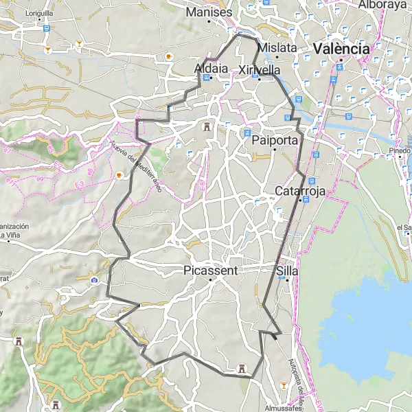 Miniatua del mapa de inspiración ciclista "Quart de Poblet - Xirivella - Beniparrell - Torre Espioca - Clot de les Tortugues - Alaquàs - Quart de Poblet (62 km, 357 m ascent)" en Comunitat Valenciana, Spain. Generado por Tarmacs.app planificador de rutas ciclistas