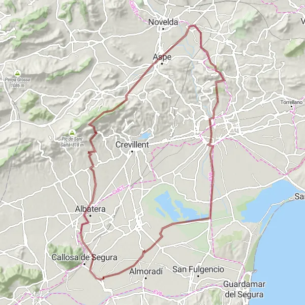 Miniaturekort af cykelinspirationen "Gruscykelrute fra Rafal til Albatera, la Vella, Aspe, Tabaià, Elx / Elche og Rafal" i Comunitat Valenciana, Spain. Genereret af Tarmacs.app cykelruteplanlægger