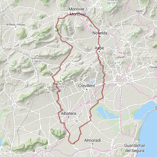 Miniatura della mappa di ispirazione al ciclismo "Esplorazione in mountain bike tra Cox e Novelda" nella regione di Comunitat Valenciana, Spain. Generata da Tarmacs.app, pianificatore di rotte ciclistiche