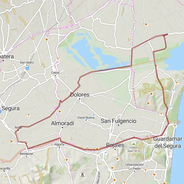 Miniatura della mappa di ispirazione al ciclismo "Tour in mountain bike tra Dolores e Benejúzar" nella regione di Comunitat Valenciana, Spain. Generata da Tarmacs.app, pianificatore di rotte ciclistiche