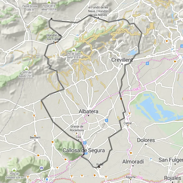 Map miniature of "Hinterland Escape" cycling inspiration in Comunitat Valenciana, Spain. Generated by Tarmacs.app cycling route planner