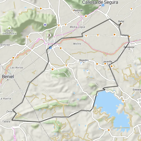 Miniatura mapy "Trasa rowerowa drogowa blisko Rafal (Comunitat Valenciana, Hiszpania)" - trasy rowerowej w Comunitat Valenciana, Spain. Wygenerowane przez planer tras rowerowych Tarmacs.app