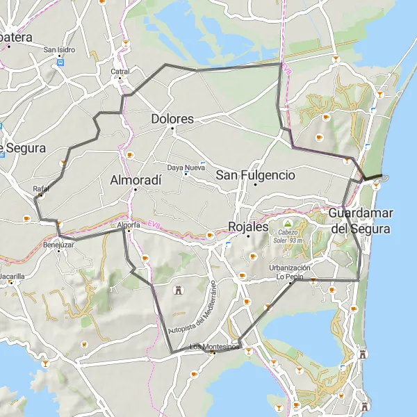 Miniatura della mappa di ispirazione al ciclismo "Avventura su Strada tra Catral e Montesinos" nella regione di Comunitat Valenciana, Spain. Generata da Tarmacs.app, pianificatore di rotte ciclistiche