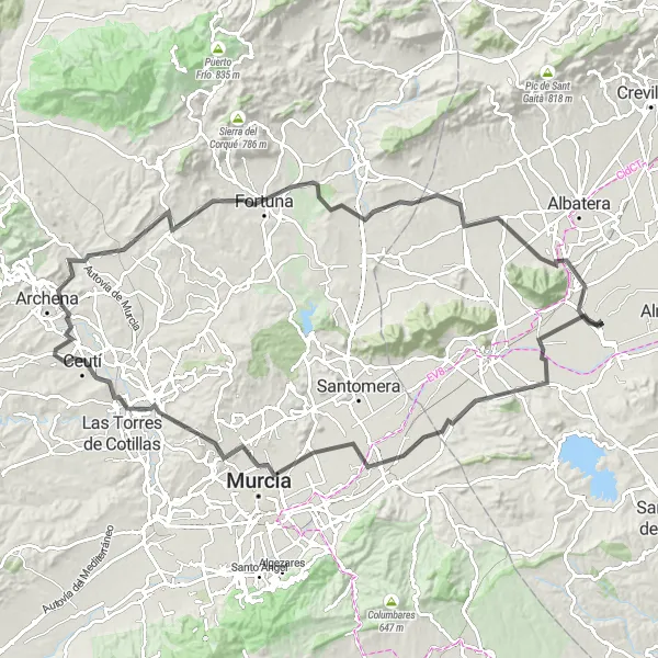 Miniatura della mappa di ispirazione al ciclismo "Giro in bicicletta tra Bigastro e Fortuna" nella regione di Comunitat Valenciana, Spain. Generata da Tarmacs.app, pianificatore di rotte ciclistiche