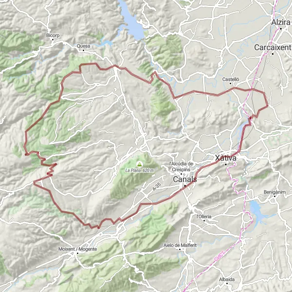 Miniaturní mapa "Gravel Cycling Rafelguaraf to Canals Loop" inspirace pro cyklisty v oblasti Comunitat Valenciana, Spain. Vytvořeno pomocí plánovače tras Tarmacs.app