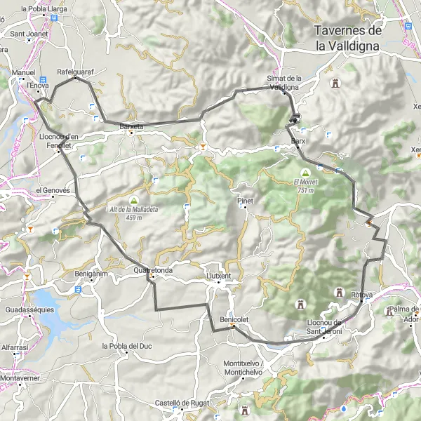 Karten-Miniaturansicht der Radinspiration "Rundfahrradroute um Rafelguaraf" in Comunitat Valenciana, Spain. Erstellt vom Tarmacs.app-Routenplaner für Radtouren