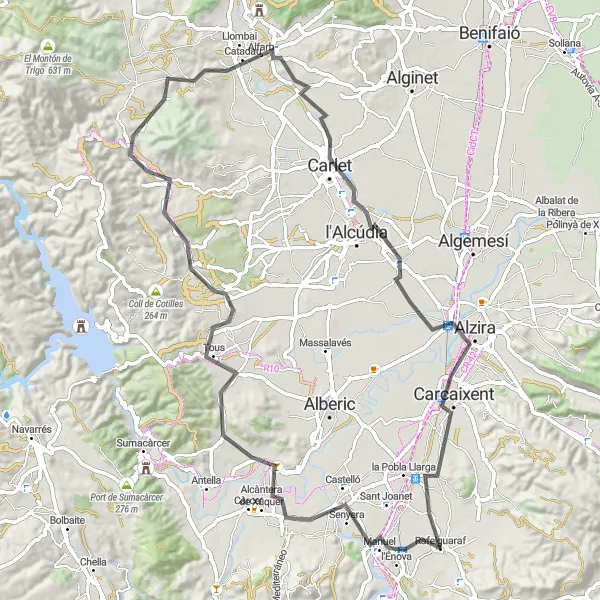 Miniatura della mappa di ispirazione al ciclismo "Rotta panoramica tra paesaggi rurali e città storiche" nella regione di Comunitat Valenciana, Spain. Generata da Tarmacs.app, pianificatore di rotte ciclistiche