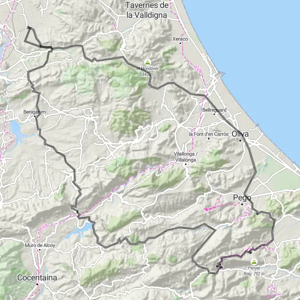 Miniatua del mapa de inspiración ciclista "Ruta de ciclismo en carretera cerca de Rafelguaraf" en Comunitat Valenciana, Spain. Generado por Tarmacs.app planificador de rutas ciclistas
