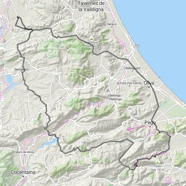 Miniatura della mappa di ispirazione al ciclismo "Avventuroso giro in bicicletta nel cuore della Comunitat Valenciana" nella regione di Comunitat Valenciana, Spain. Generata da Tarmacs.app, pianificatore di rotte ciclistiche