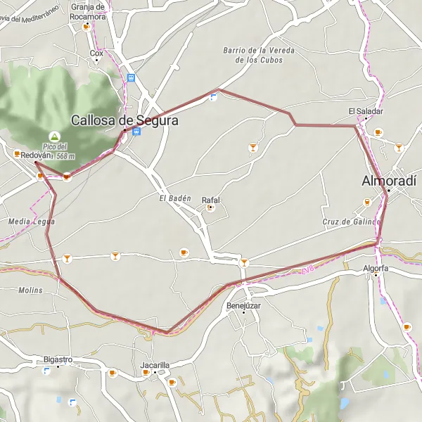 Miniatuurkaart van de fietsinspiratie "Korte gravelrit naar Almoradí" in Comunitat Valenciana, Spain. Gemaakt door de Tarmacs.app fietsrouteplanner