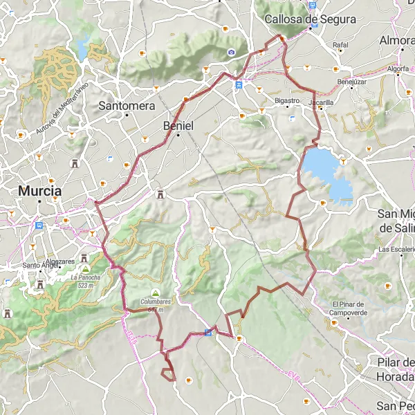 Karten-Miniaturansicht der Radinspiration "Herausfordernde 97 km lange Strecke nach Orihuela" in Comunitat Valenciana, Spain. Erstellt vom Tarmacs.app-Routenplaner für Radtouren