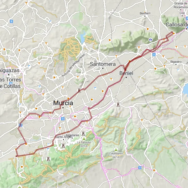 Miniaturní mapa "Gravel Trasa s Významnými Památkami okolo Redovánu a Orihuela" inspirace pro cyklisty v oblasti Comunitat Valenciana, Spain. Vytvořeno pomocí plánovače tras Tarmacs.app