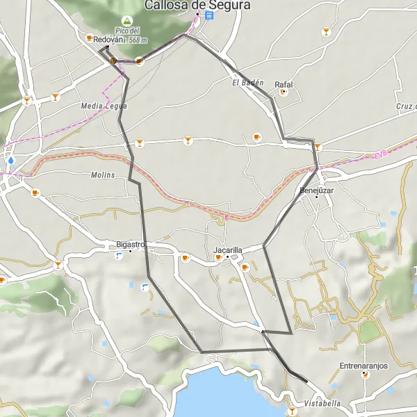 Miniatura della mappa di ispirazione al ciclismo "Giro in bici da Redován attraverso Pico del Águila e Benejúzar" nella regione di Comunitat Valenciana, Spain. Generata da Tarmacs.app, pianificatore di rotte ciclistiche