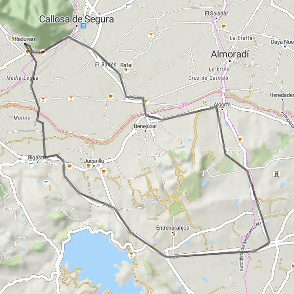 Miniatura della mappa di ispirazione al ciclismo "Scopri le Bellezze Naturali in Bicicletta" nella regione di Comunitat Valenciana, Spain. Generata da Tarmacs.app, pianificatore di rotte ciclistiche