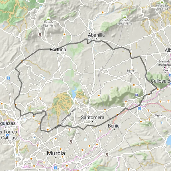 Miniaturní mapa "Historická trasa přes Molina de Segura" inspirace pro cyklisty v oblasti Comunitat Valenciana, Spain. Vytvořeno pomocí plánovače tras Tarmacs.app