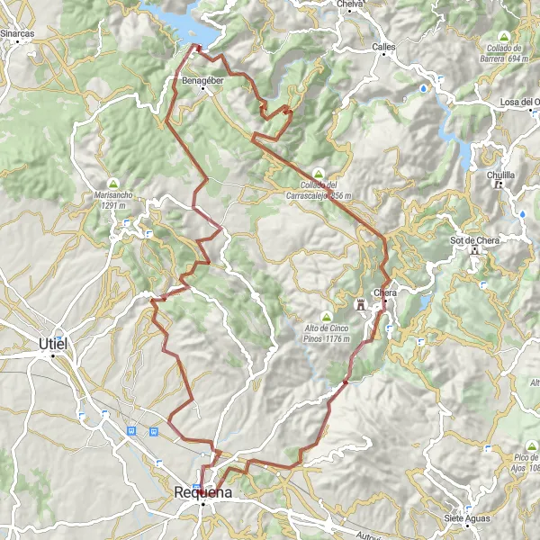 Miniatura della mappa di ispirazione al ciclismo "Percorso Gravel tra Villar de Tejas e La Fortaleza" nella regione di Comunitat Valenciana, Spain. Generata da Tarmacs.app, pianificatore di rotte ciclistiche