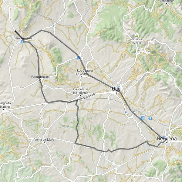 Miniatura della mappa di ispirazione al ciclismo "Percorso El Pontón-Camporrobles" nella regione di Comunitat Valenciana, Spain. Generata da Tarmacs.app, pianificatore di rotte ciclistiche