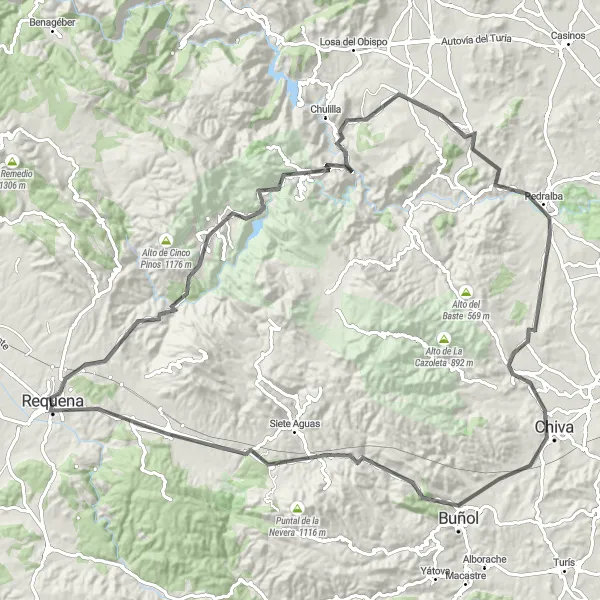 Miniatura della mappa di ispirazione al ciclismo "Giro in bicicletta Requena-Chiva-Buñol" nella regione di Comunitat Valenciana, Spain. Generata da Tarmacs.app, pianificatore di rotte ciclistiche