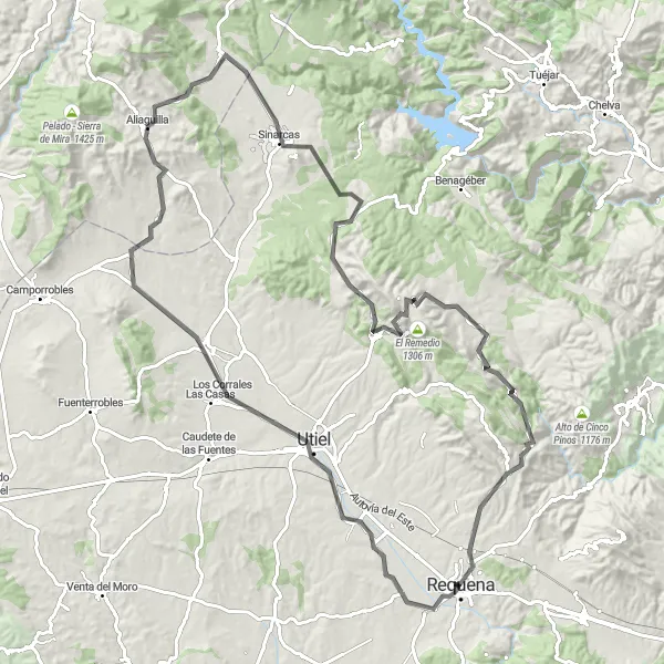 Miniatura della mappa di ispirazione al ciclismo "Giro tra Utiel e Villar de Olmos" nella regione di Comunitat Valenciana, Spain. Generata da Tarmacs.app, pianificatore di rotte ciclistiche