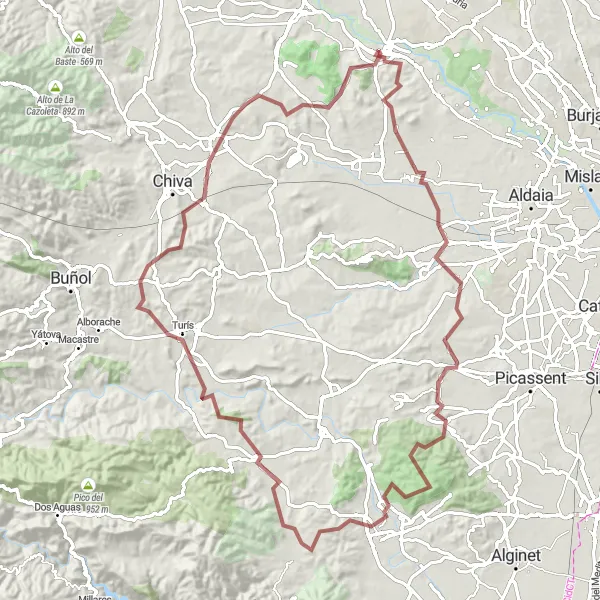 Karten-Miniaturansicht der Radinspiration "Gravel-Rundfahrt durch die Berge von Ribarroja del Turia" in Comunitat Valenciana, Spain. Erstellt vom Tarmacs.app-Routenplaner für Radtouren