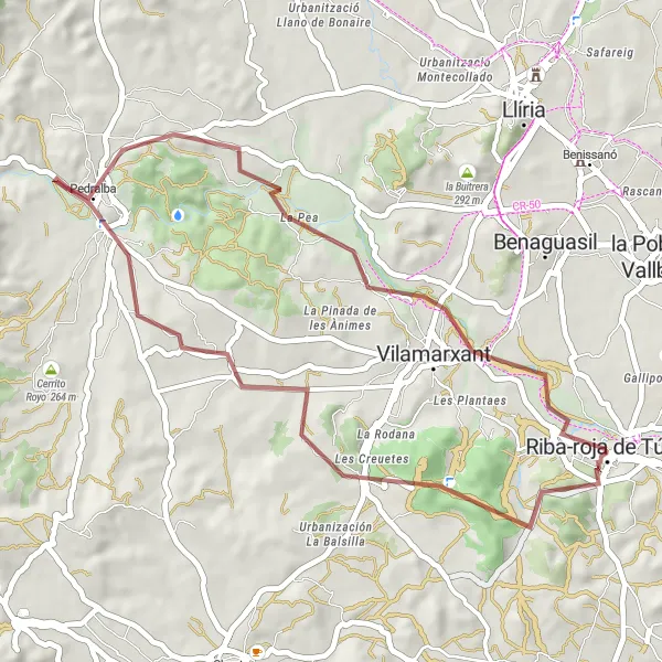 Miniatuurkaart van de fietsinspiratie "Gravelroute van Ribarroja del Turia naar Rodana, Pedralba en Mulló Crussà" in Comunitat Valenciana, Spain. Gemaakt door de Tarmacs.app fietsrouteplanner