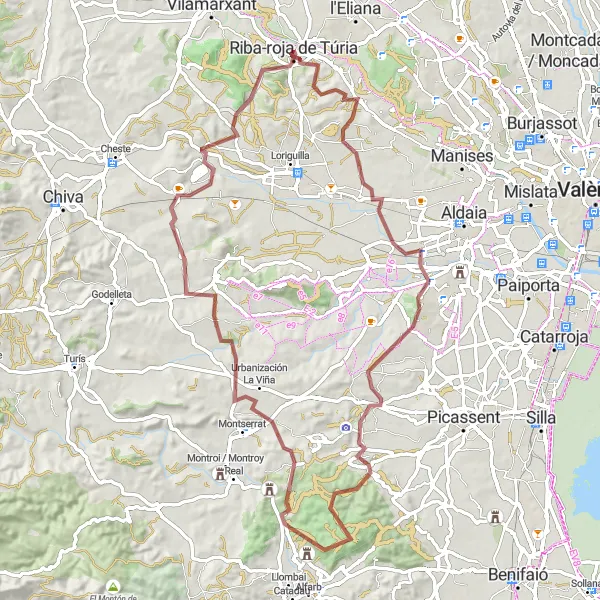 Miniatua del mapa de inspiración ciclista "Ruta en Bicicleta Gravel Larga alrededor de Ribarroja del Turia" en Comunitat Valenciana, Spain. Generado por Tarmacs.app planificador de rutas ciclistas