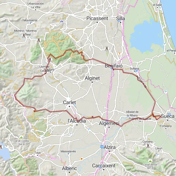 Miniaturní mapa "Gravelová dobrodružná jízda okolo Algemesí" inspirace pro cyklisty v oblasti Comunitat Valenciana, Spain. Vytvořeno pomocí plánovače tras Tarmacs.app