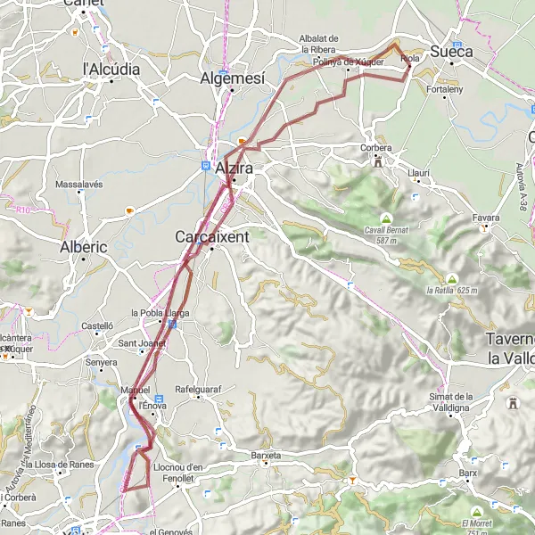 Karten-Miniaturansicht der Radinspiration "Riola um Poli zurück" in Comunitat Valenciana, Spain. Erstellt vom Tarmacs.app-Routenplaner für Radtouren