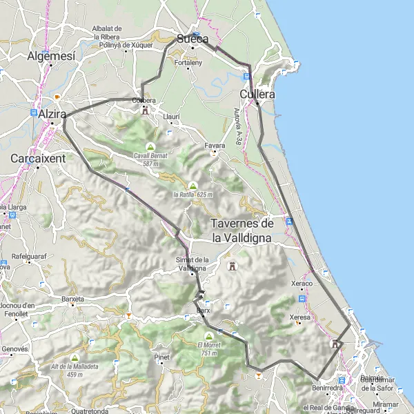 Miniaturní mapa "Výzva pro cyklisty: okruh kolem Rioly a Cullery" inspirace pro cyklisty v oblasti Comunitat Valenciana, Spain. Vytvořeno pomocí plánovače tras Tarmacs.app