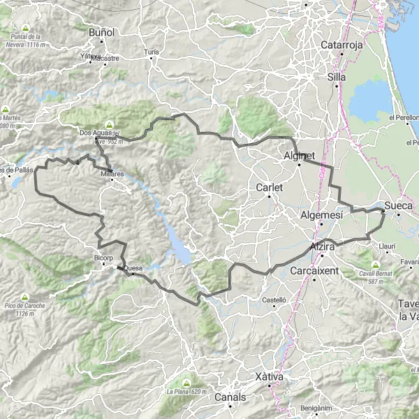 Miniatura della mappa di ispirazione al ciclismo "Avventuroso itinerario ciclistico da Riola" nella regione di Comunitat Valenciana, Spain. Generata da Tarmacs.app, pianificatore di rotte ciclistiche