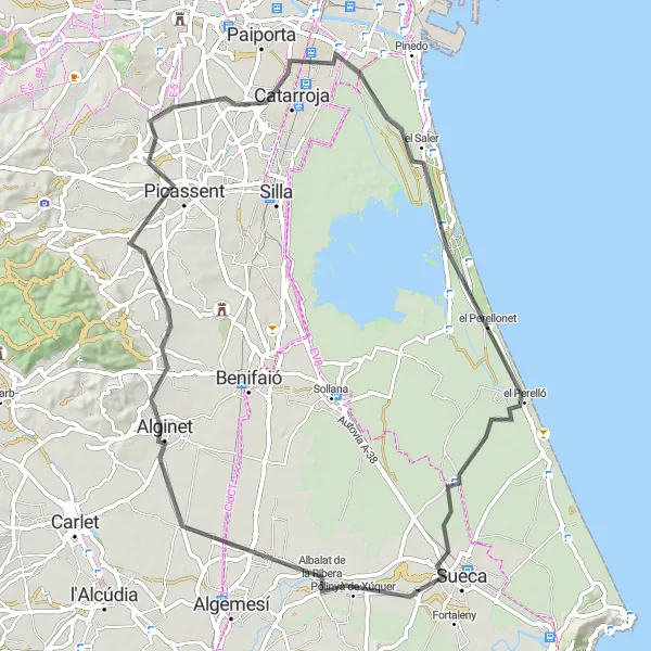 Karten-Miniaturansicht der Radinspiration "Geschichtsreise von Riola nach Sueca" in Comunitat Valenciana, Spain. Erstellt vom Tarmacs.app-Routenplaner für Radtouren