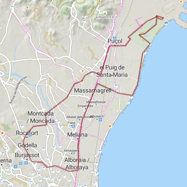 Map miniature of "Rafelbunyol Gravel Adventure" cycling inspiration in Comunitat Valenciana, Spain. Generated by Tarmacs.app cycling route planner