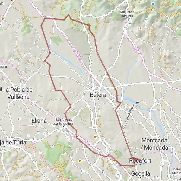 Miniatura della mappa di ispirazione al ciclismo "Escursione in Gravel da Rocafort a El Baro" nella regione di Comunitat Valenciana, Spain. Generata da Tarmacs.app, pianificatore di rotte ciclistiche