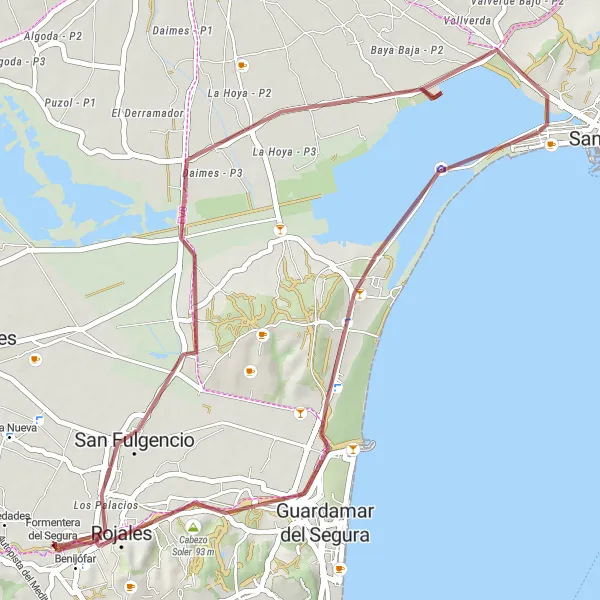 Miniaturní mapa "Gravelová odysea kolem Rojales" inspirace pro cyklisty v oblasti Comunitat Valenciana, Spain. Vytvořeno pomocí plánovače tras Tarmacs.app