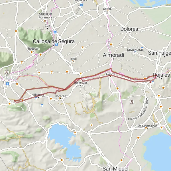 Miniaturní mapa "Gravelová exkurze kolem Rojales" inspirace pro cyklisty v oblasti Comunitat Valenciana, Spain. Vytvořeno pomocí plánovače tras Tarmacs.app