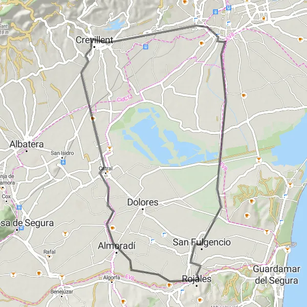 Miniatura della mappa di ispirazione al ciclismo "Giro in bici da Rojales a Crevillent" nella regione di Comunitat Valenciana, Spain. Generata da Tarmacs.app, pianificatore di rotte ciclistiche