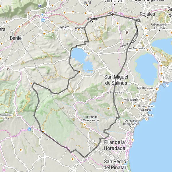 Map miniature of "Challenging Road Cycling Route: Formentera del Segura to Sucina" cycling inspiration in Comunitat Valenciana, Spain. Generated by Tarmacs.app cycling route planner